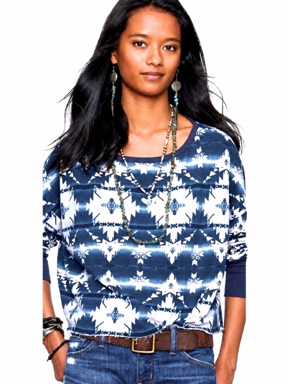NEW! Denim & Supply Ralph Lauren Aztec Tribal Print Crop Shirt Blue SZ S